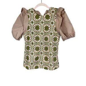Retro Patchwork Quilt Crochet Dress Tan XL Boho Indie Folk Preppy Neutral 80s